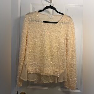 If fun cream long sleeve top with sheer feminine trim on the bottom